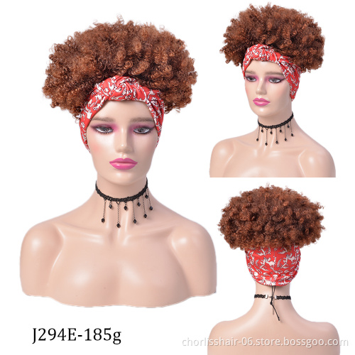 Wholesale Ombre Black Short Turban Wig Afro Headband Wig Kinky Curly Synthetic Wig With Headband Attached For Black Women